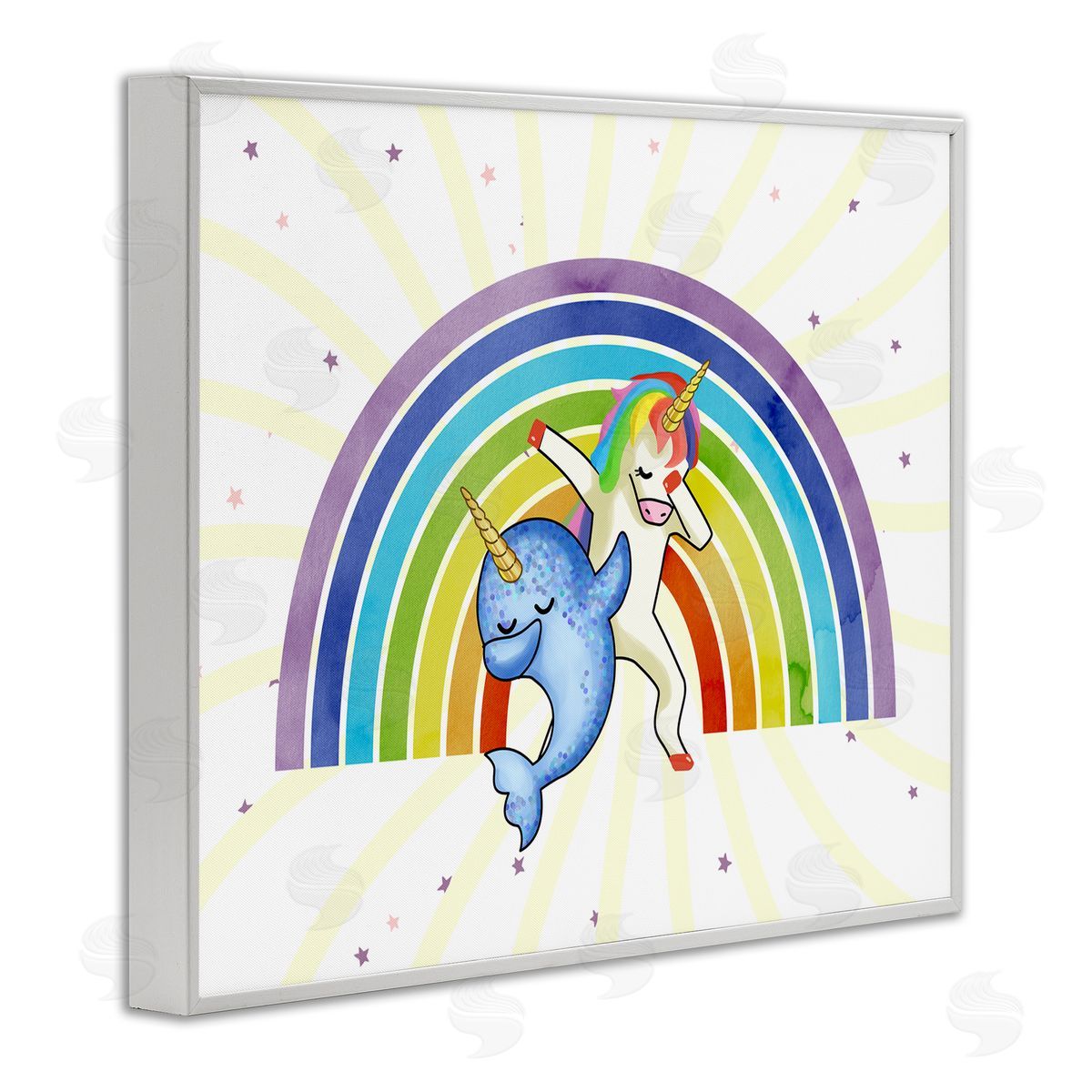 Unicorn and Narwhal Rainbow White Frame Print Wall Art, Home Decor by Ziwei Li