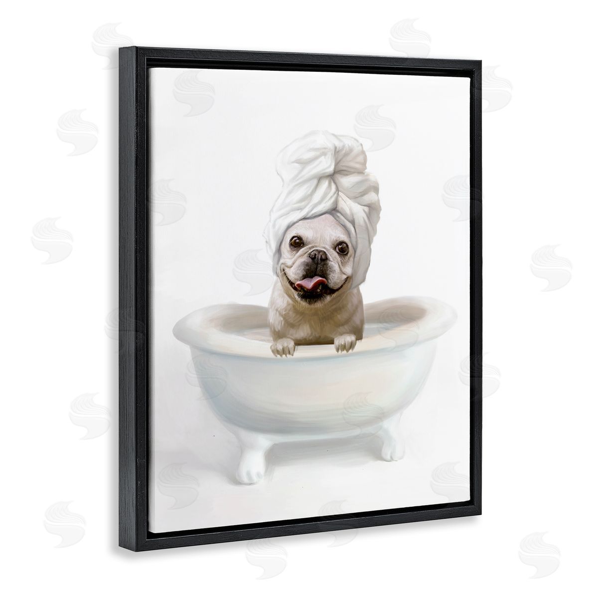 Dog with Towel Wrap in Bath Black Floating Frame Canvas Wall Art, Home Decor by Ziwei Li