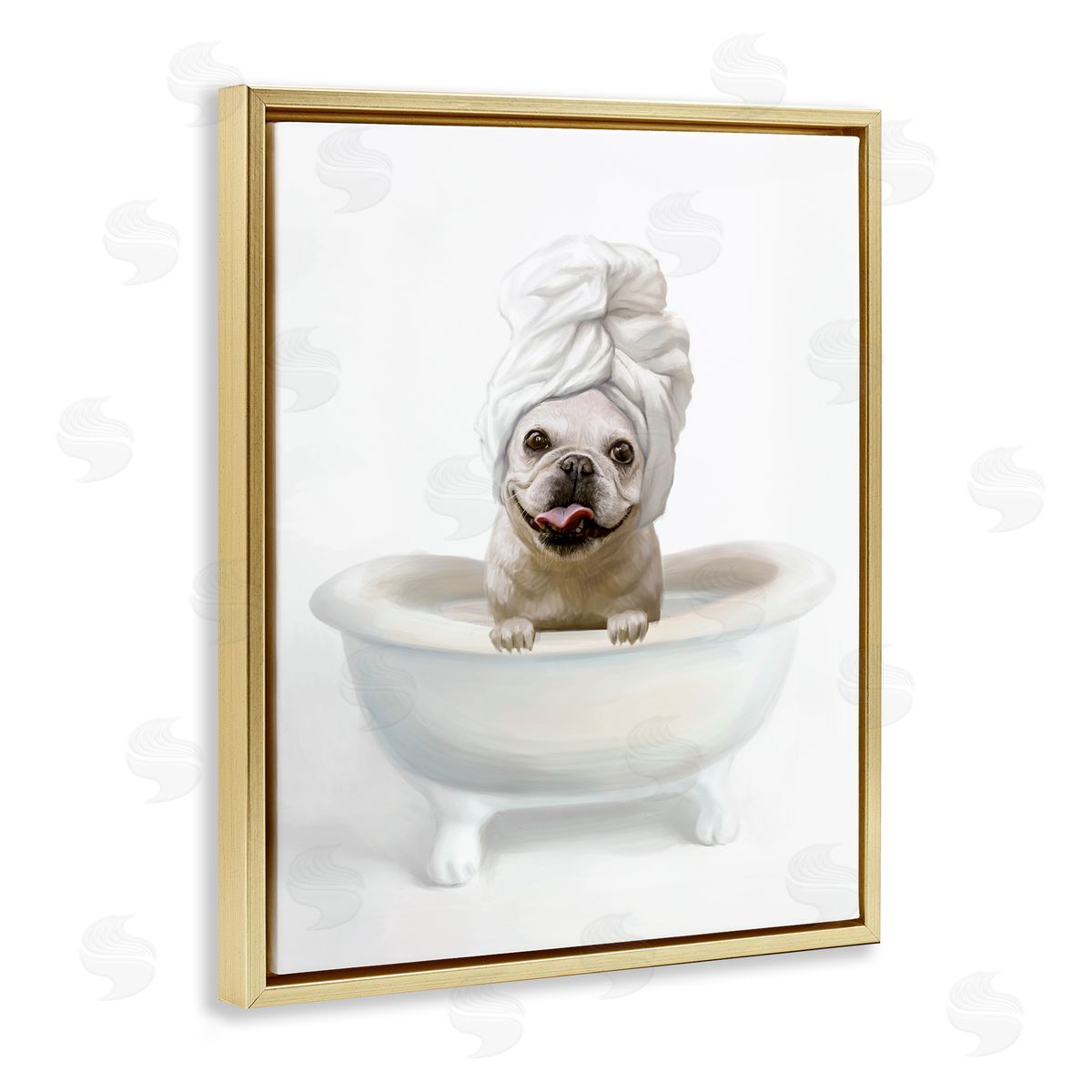 Dog with Towel Wrap in Bath Gold Floating Frame Canvas Wall Art, Home Decor by Ziwei Li