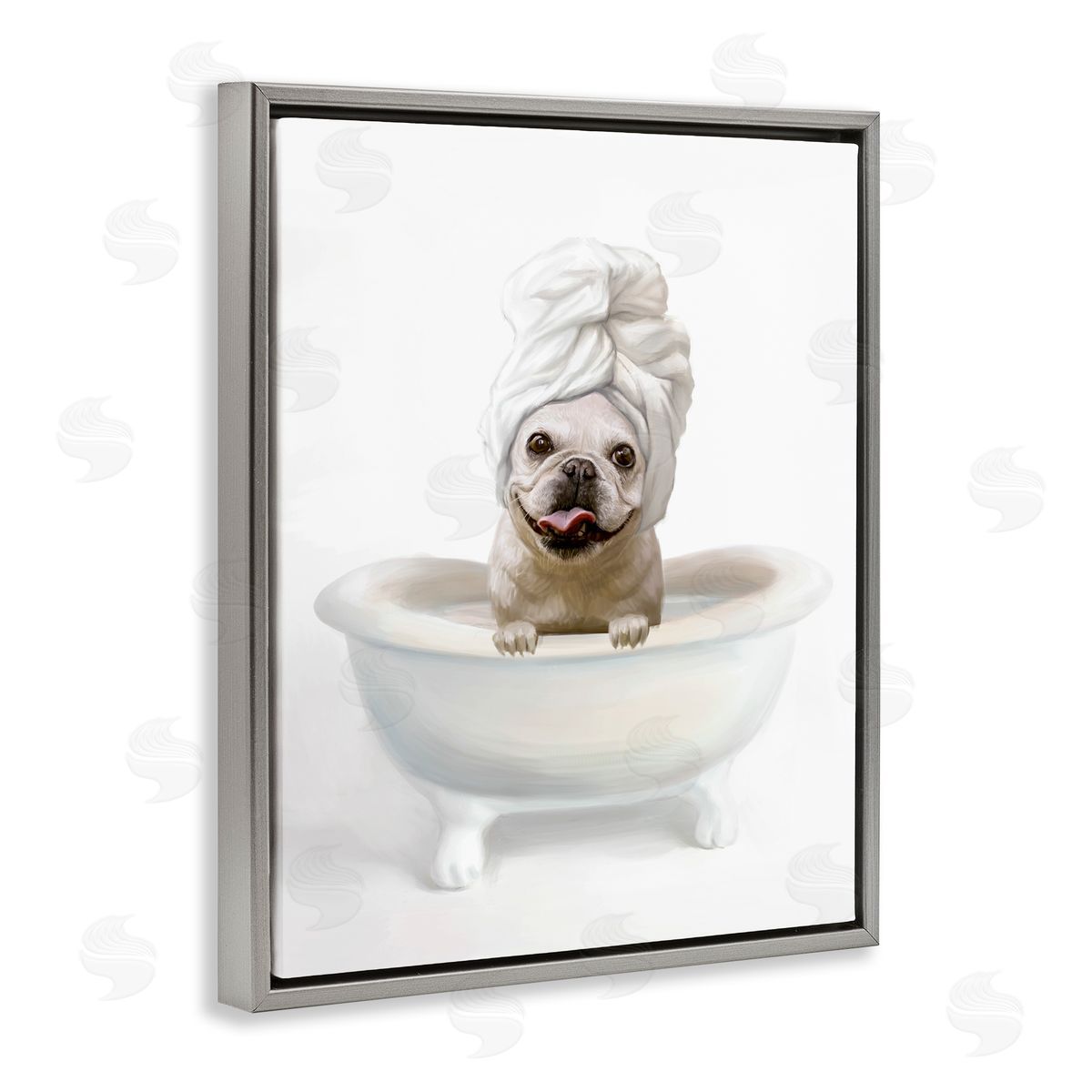 Dog with Towel Wrap in Bath Grey Floating Frame Canvas Wall Art, Home Decor by Ziwei Li