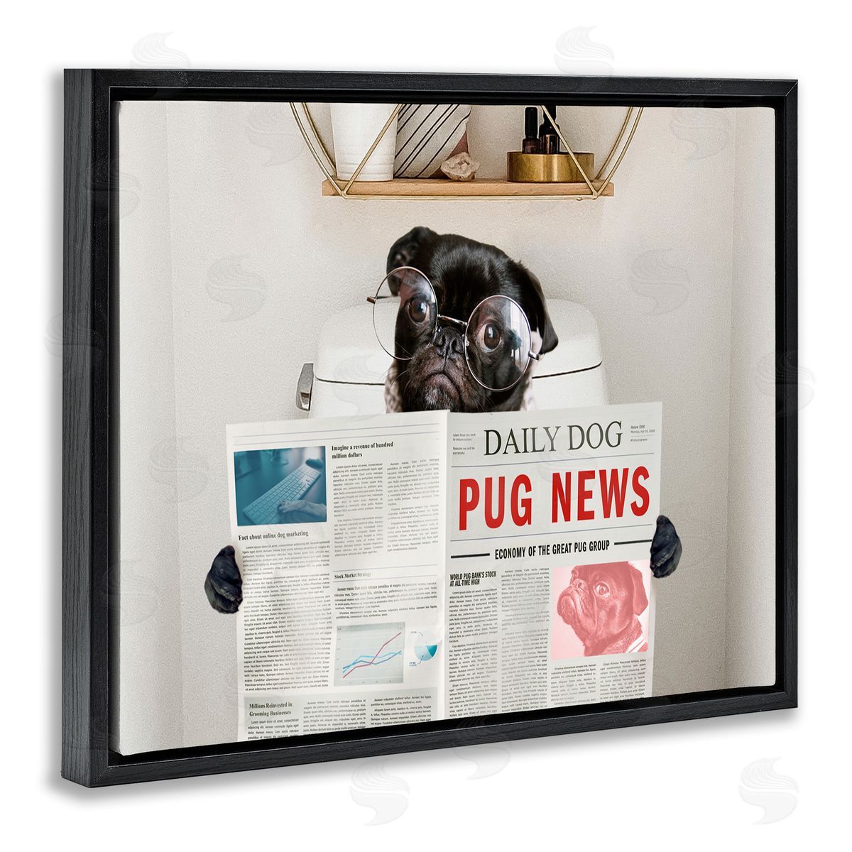 Bathroom Pug with Newspaper Black Floating Frame Canvas Wall Art, Home Decor by Ziwei Li