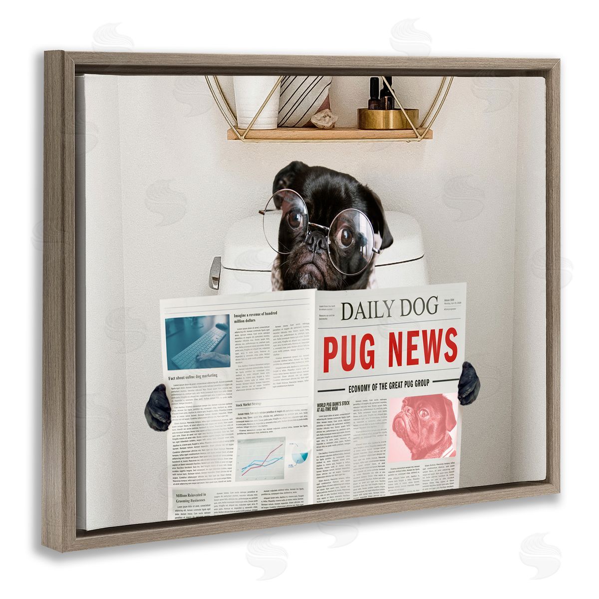 Bathroom Pug with Newspaper Brown Floating Frame Canvas Wall Art, Home Decor by Ziwei Li