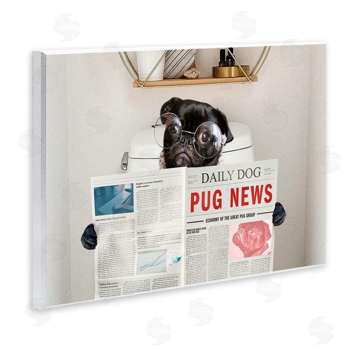 Bathroom Pug with Newspaper Wood Plaque Wall Art, Home Decor by Ziwei Li