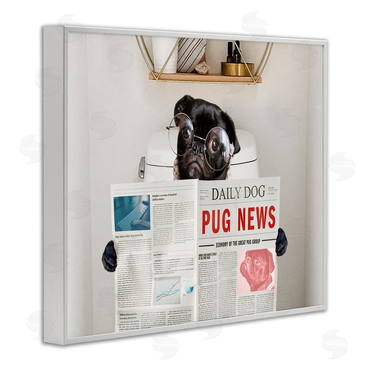 Bathroom Pug with Newspaper White Frame Print Wall Art, Home Decor by Ziwei Li