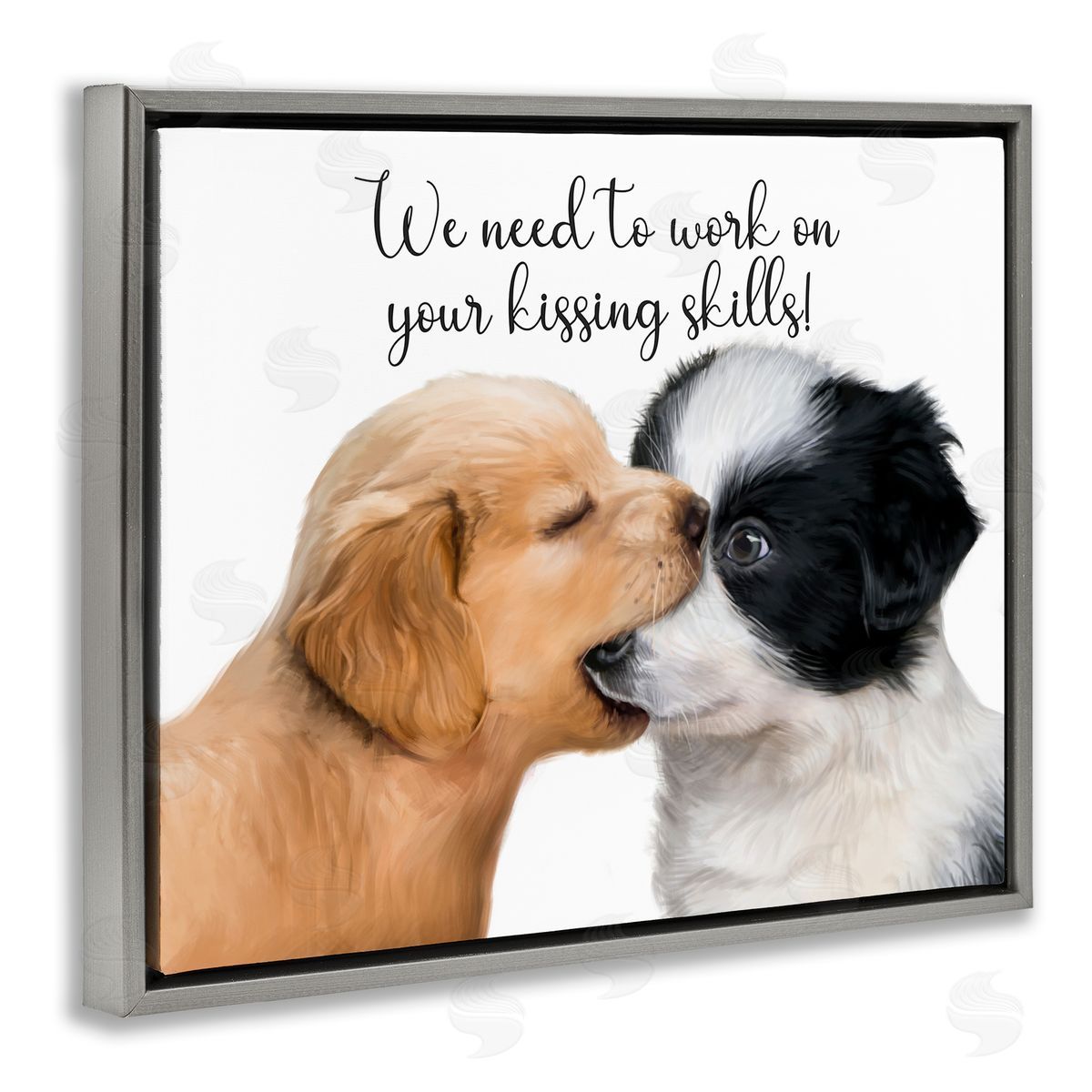 Puppy Love Kissing Skills Grey Floating Frame Canvas Wall Art, Home Decor by Ziwei Li