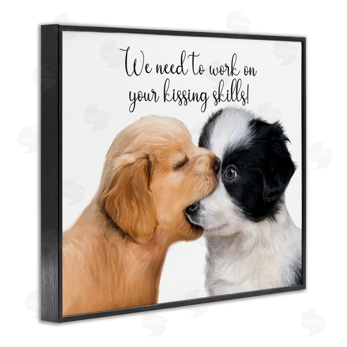 Puppy Love Kissing Skills Black Frame Print Wall Art, Home Decor by Ziwei Li