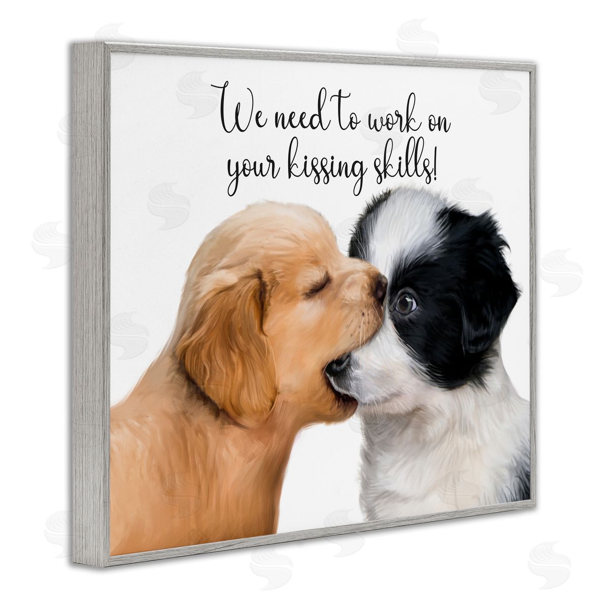 Puppy Love Kissing Skills Grey Frame Print Wall Art, Home Decor by Ziwei Li