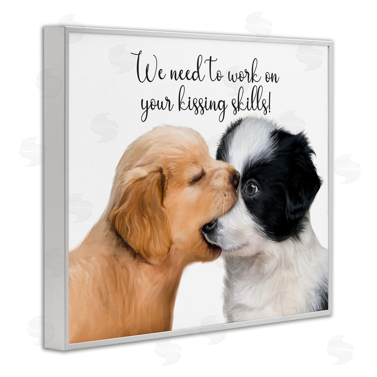 Puppy Love Kissing Skills White Frame Print Wall Art, Home Decor by Ziwei Li