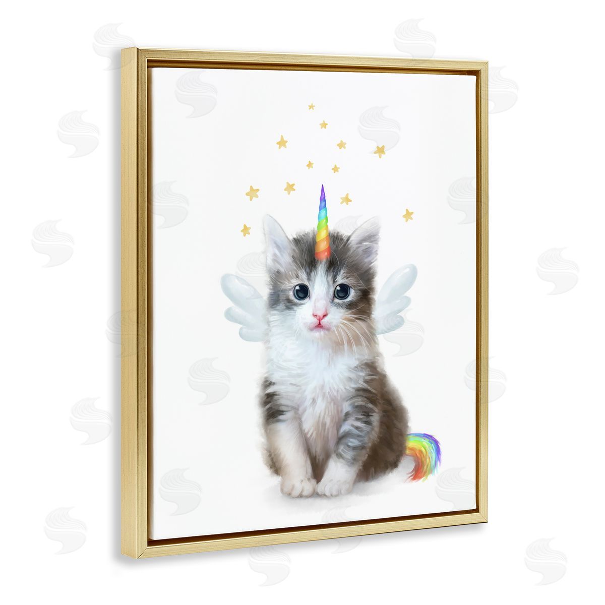 Unicorn Kitten Fantasy Feline Gold Floating Frame Canvas Wall Art, Home Decor by Ziwei Li