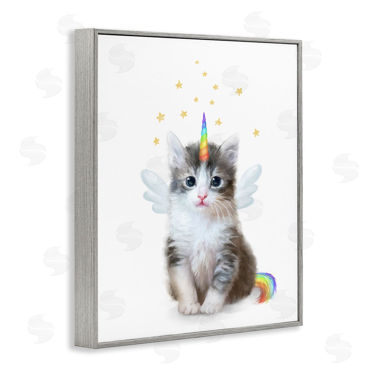 Unicorn Kitten Fantasy Feline Grey Frame Print Wall Art, Home Decor by Ziwei Li