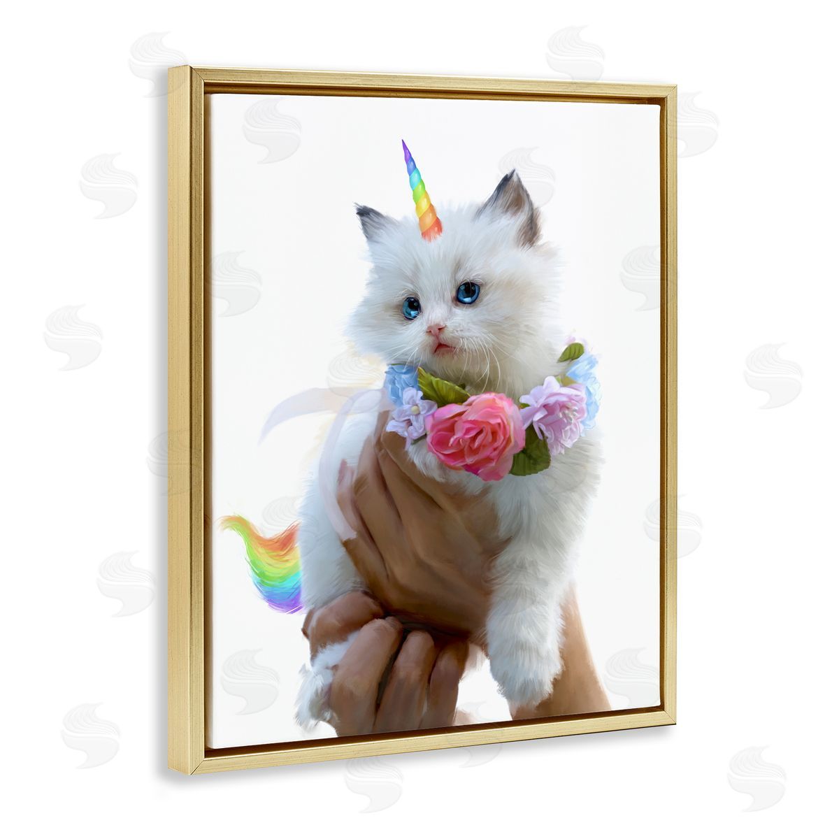 Unicorn Kitten with Flowers Gold Floating Frame Canvas Wall Art, Home Decor by Ziwei Li