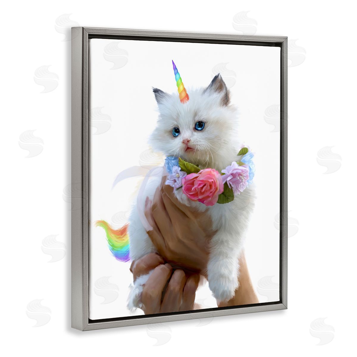 Unicorn Kitten with Flowers Grey Floating Frame Canvas Wall Art, Home Decor by Ziwei Li