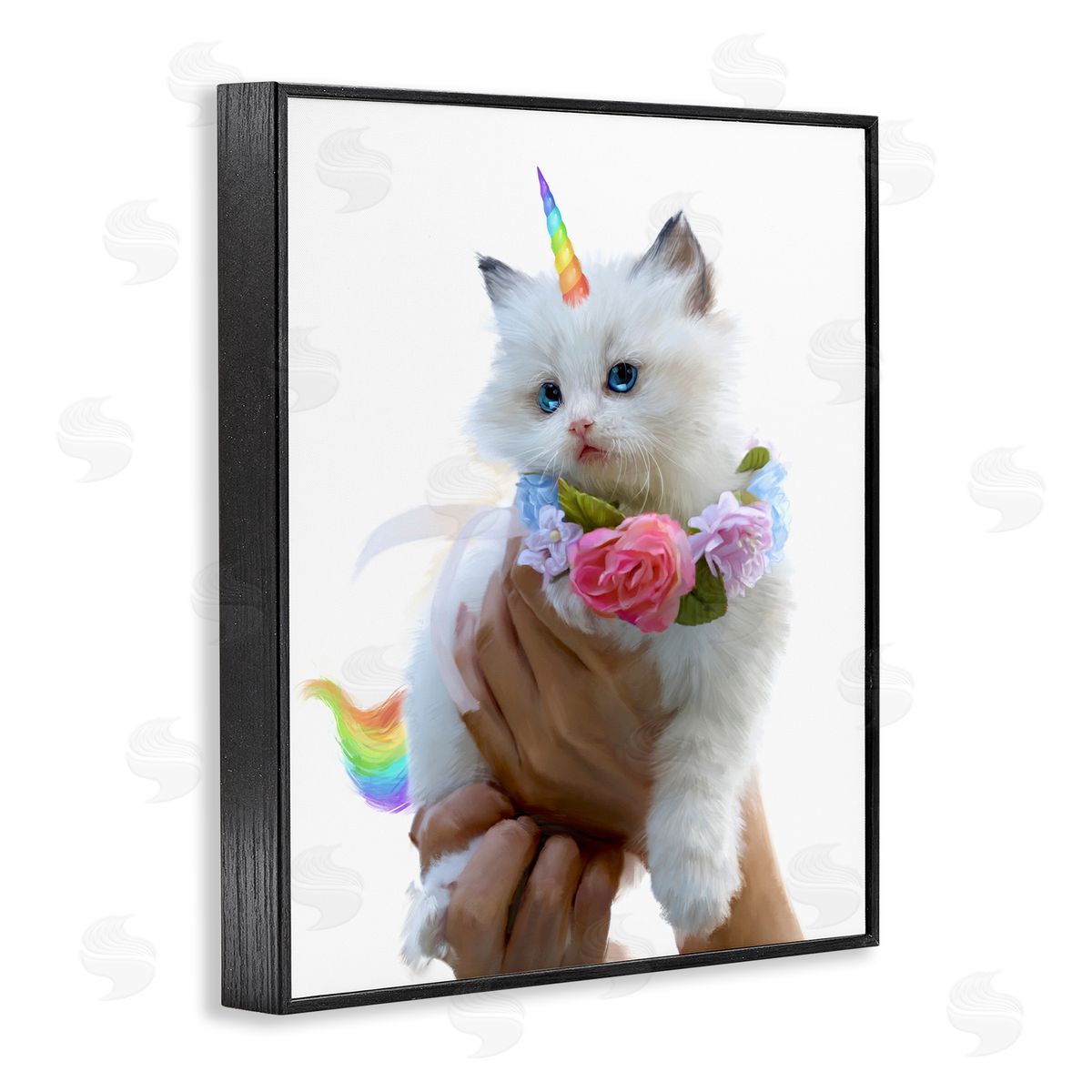 Unicorn Kitten with Flowers Black Frame Print Wall Art, Home Decor by Ziwei Li