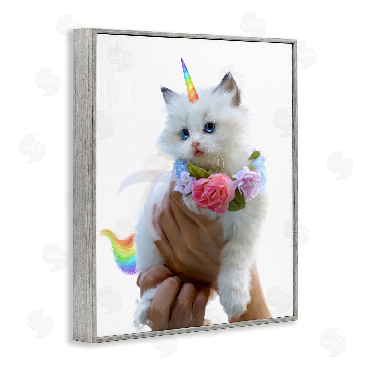 Unicorn Kitten with Flowers Grey Frame Print Wall Art, Home Decor by Ziwei Li
