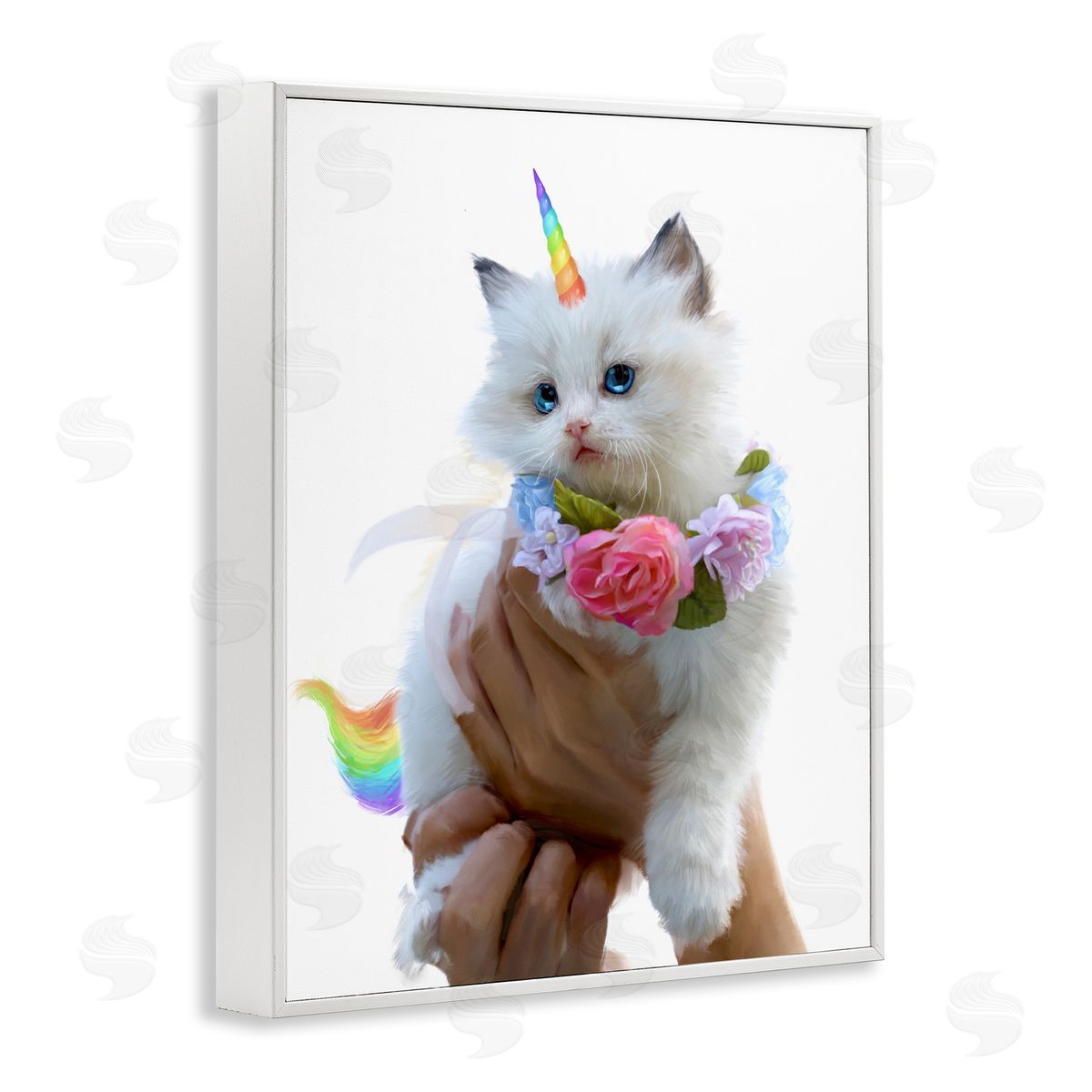 Unicorn Kitten with Flowers White Frame Print Wall Art, Home Decor by Ziwei Li