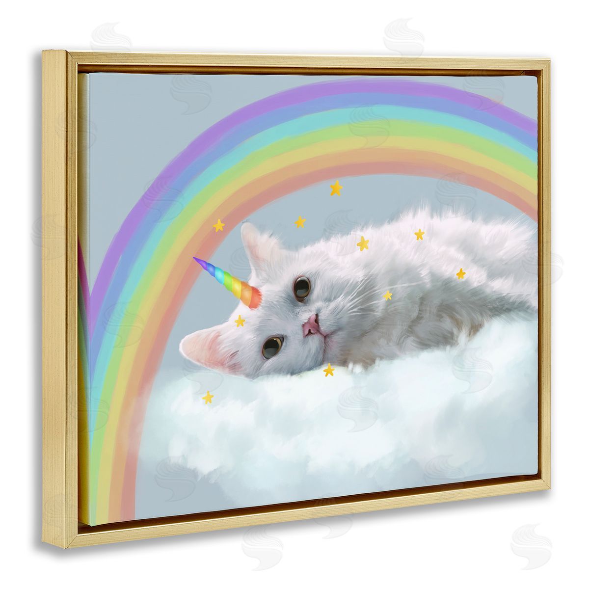 Unicorn Kitten in Clouds Gold Floating Frame Canvas Wall Art, Home Decor by Ziwei Li
