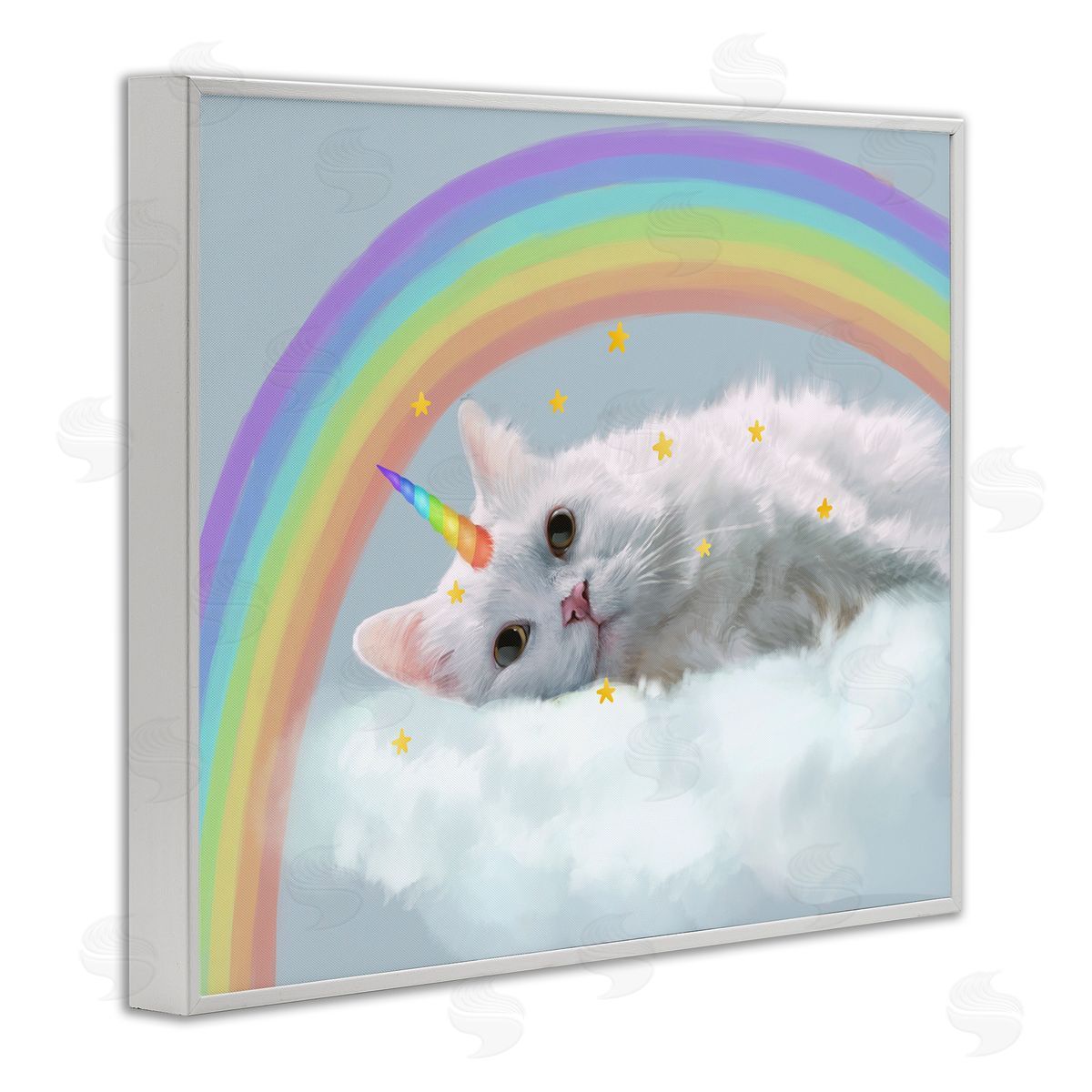 Unicorn Kitten in Clouds White Frame Print Wall Art, Home Decor by Ziwei Li