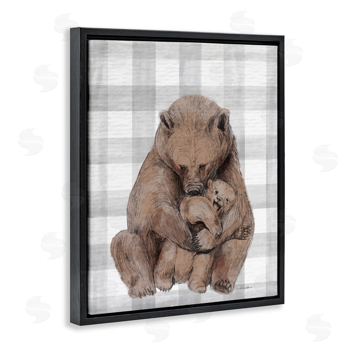 Bear and Cub Grey Plaid Black Floating Frame Canvas Wall Art, Home Decor by Stupell Studio