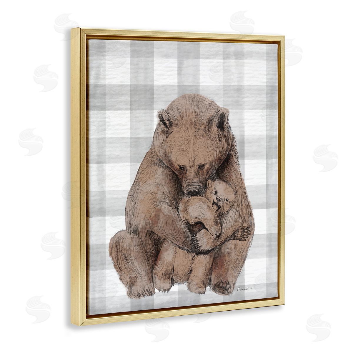 Bear and Cub Grey Plaid Gold Floating Frame Canvas Wall Art, Home Decor by Stupell Studio