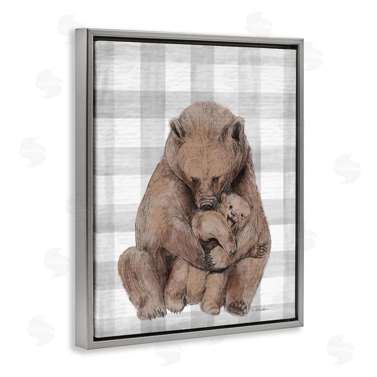 Bear and Cub Grey Plaid Grey Floating Frame Canvas Wall Art, Home Decor by Stupell Studio