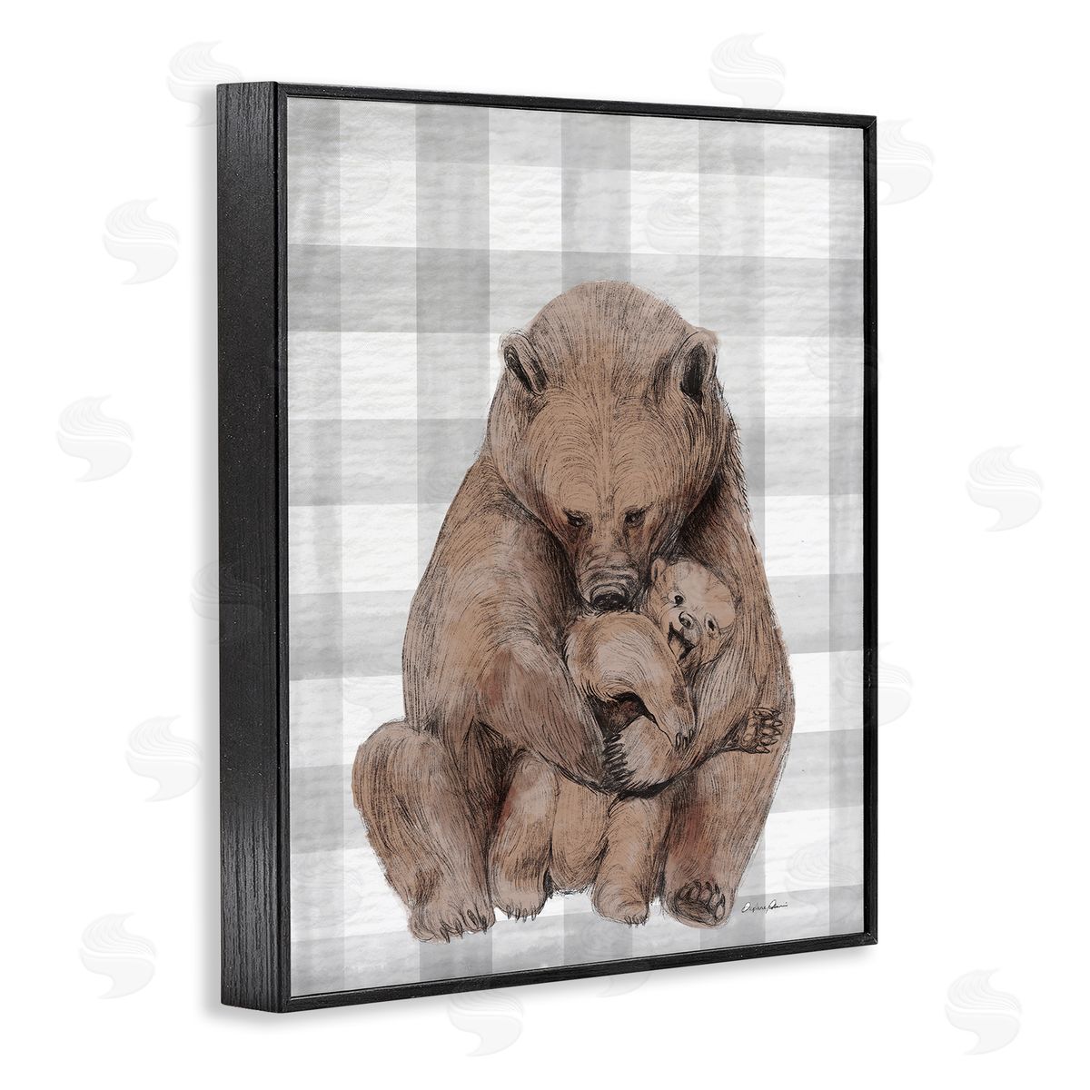 Bear and Cub Grey Plaid Black Frame Print Wall Art, Home Decor by Stupell Studio