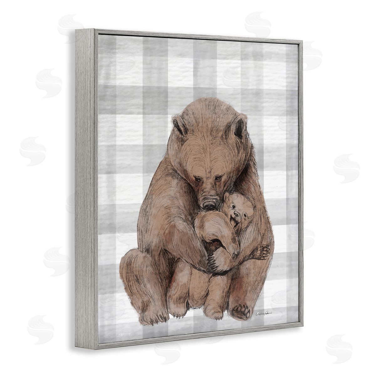 Bear and Cub Grey Plaid Grey Frame Print Wall Art, Home Decor by Stupell Studio