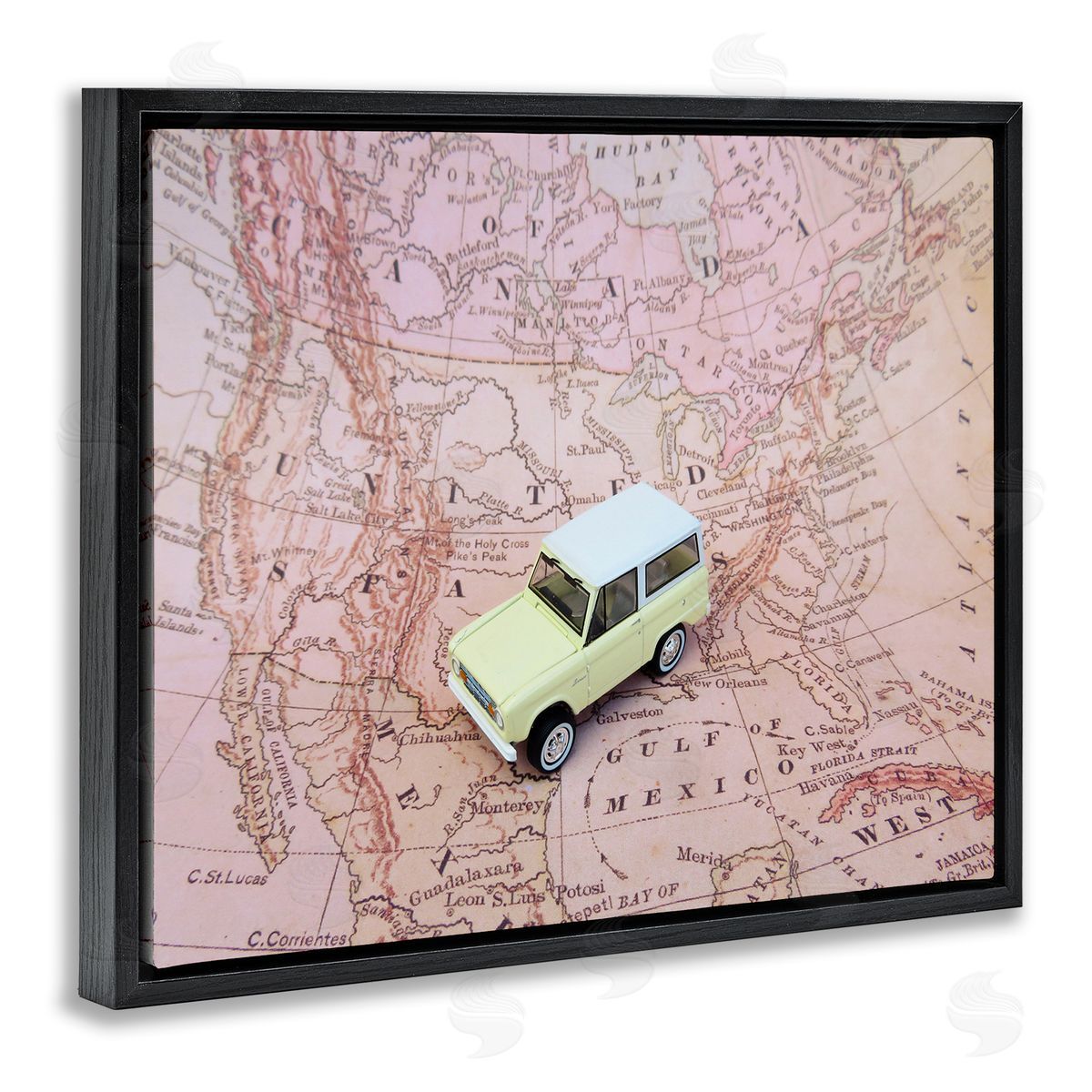 Toy Car on Pink Map Black Floating Frame Canvas Wall Art, Home Decor by Stupell Studio
