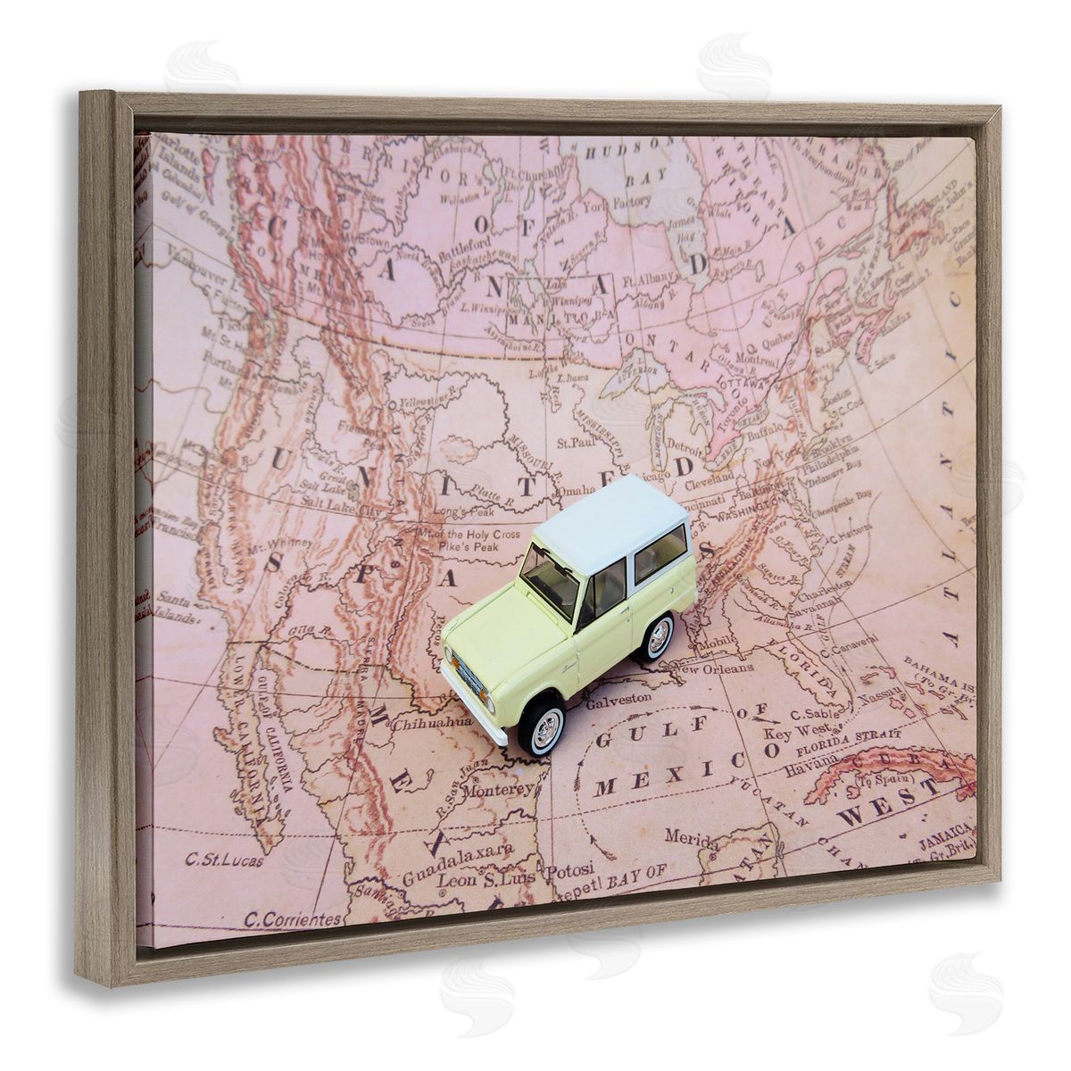 Toy Car on Pink Map Brown Floating Frame Canvas Wall Art, Home Decor by Stupell Studio
