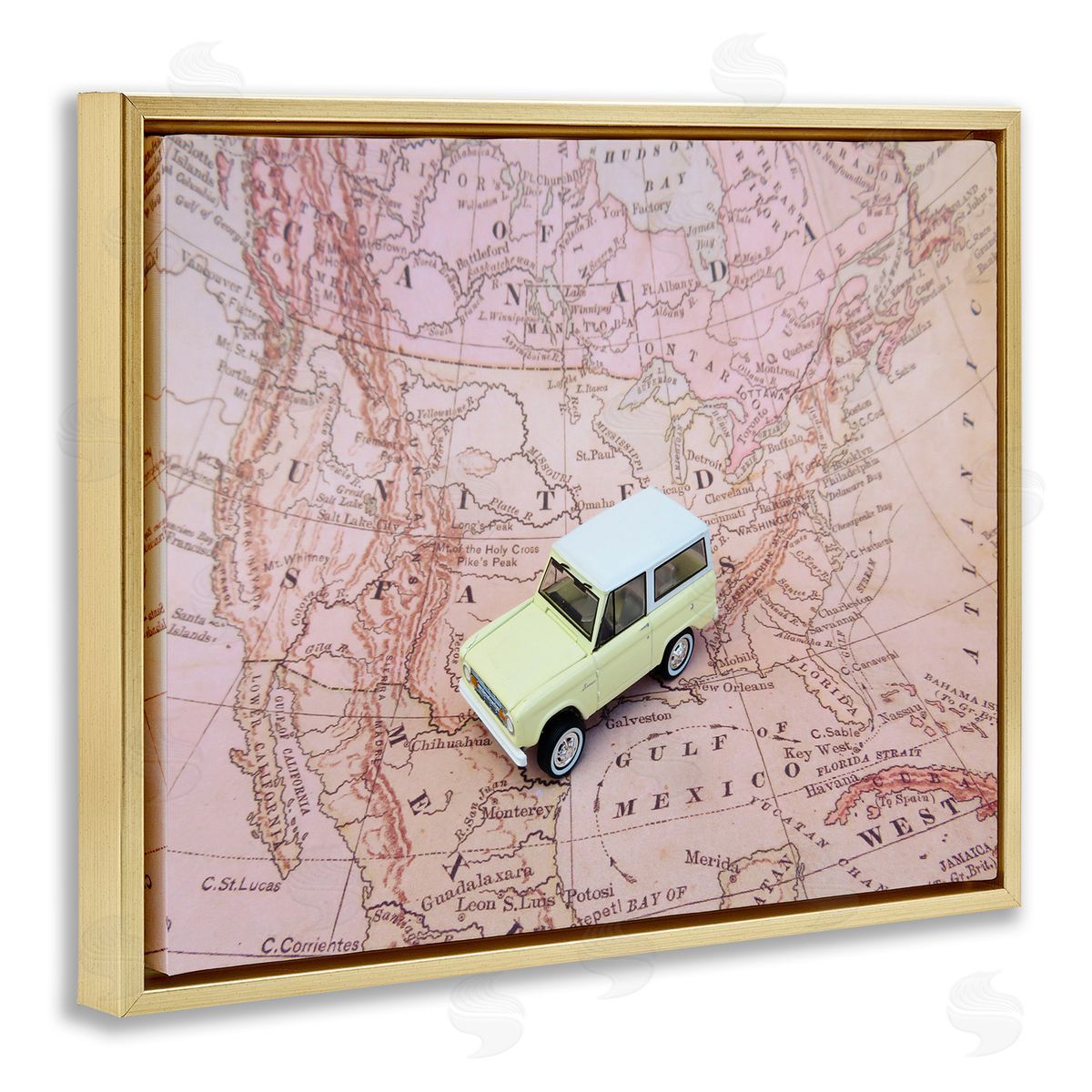 Toy Car on Pink Map Gold Floating Frame Canvas Wall Art, Home Decor by Stupell Studio