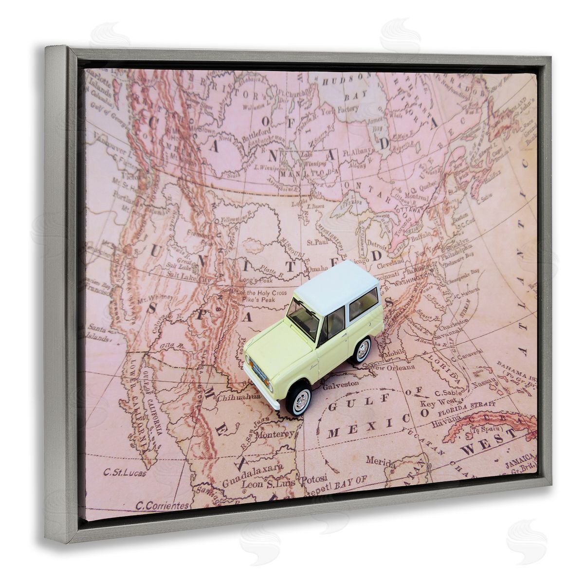 Toy Car on Pink Map Grey Floating Frame Canvas Wall Art, Home Decor by Stupell Studio
