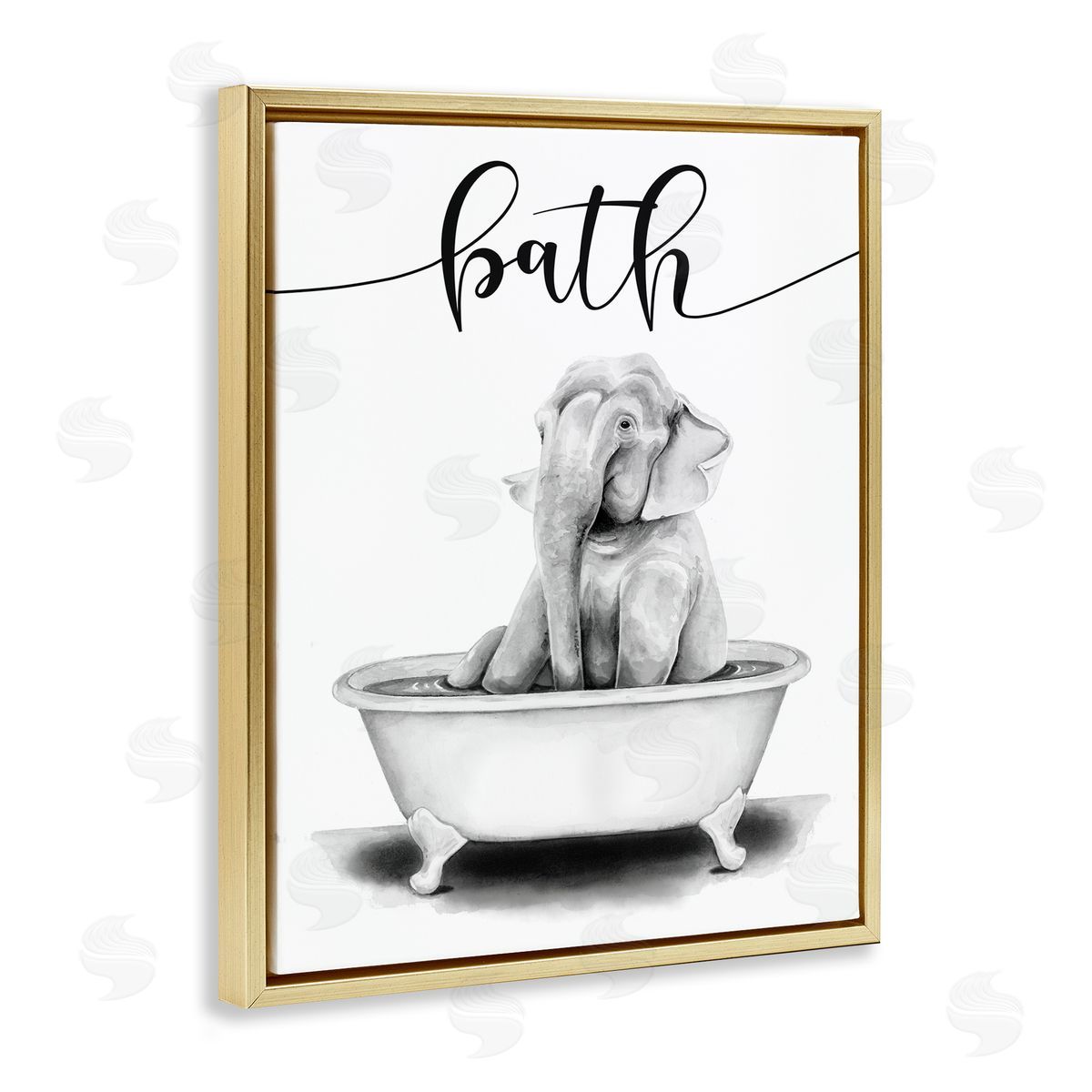 Elephant Bathtub with Bath Text Gold Floating Frame Canvas Wall Art, Home Decor by Rachel Nieman