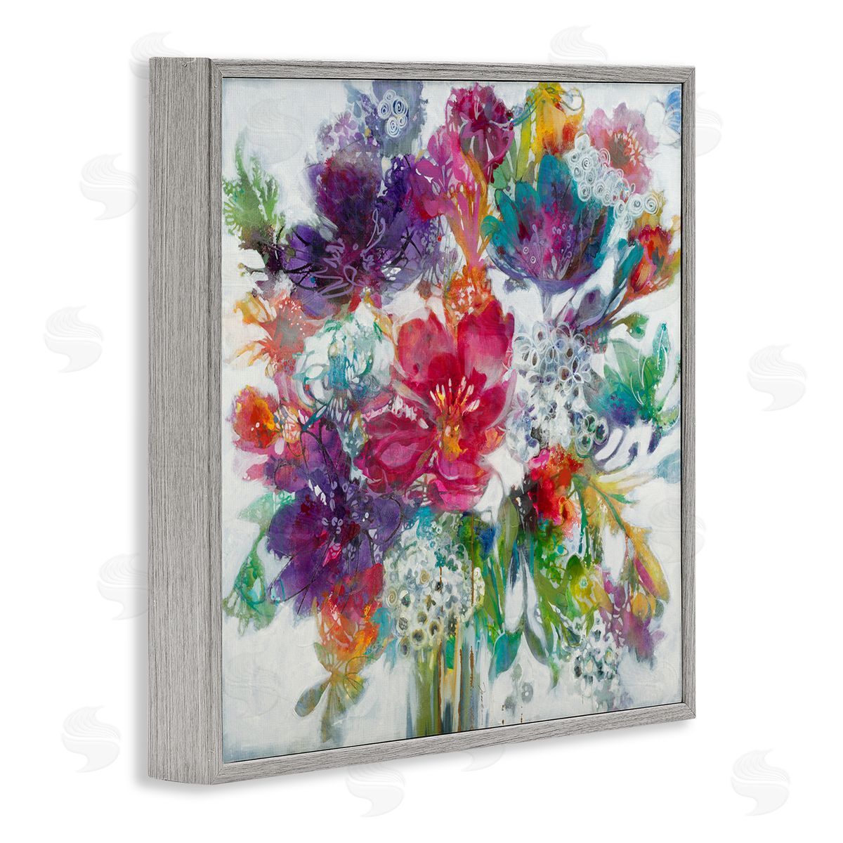 Whimsical Floral Pop Bouquet Grey Frame Print Wall Art, Home Decor by Liz Jardine