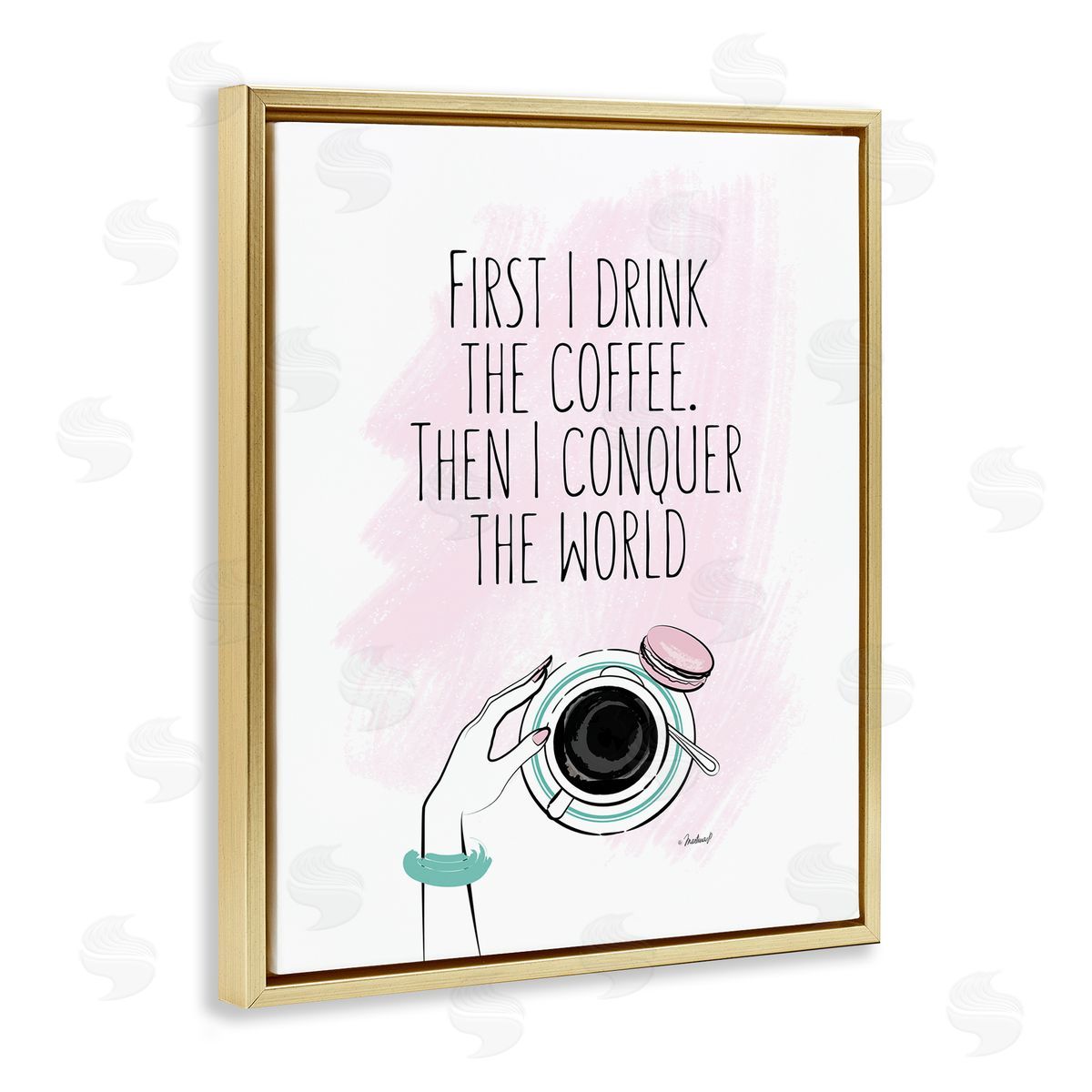 Coffee Then Conquer Pink Gold Floating Frame Canvas Wall Art, Home Decor by Martina Pavlova
