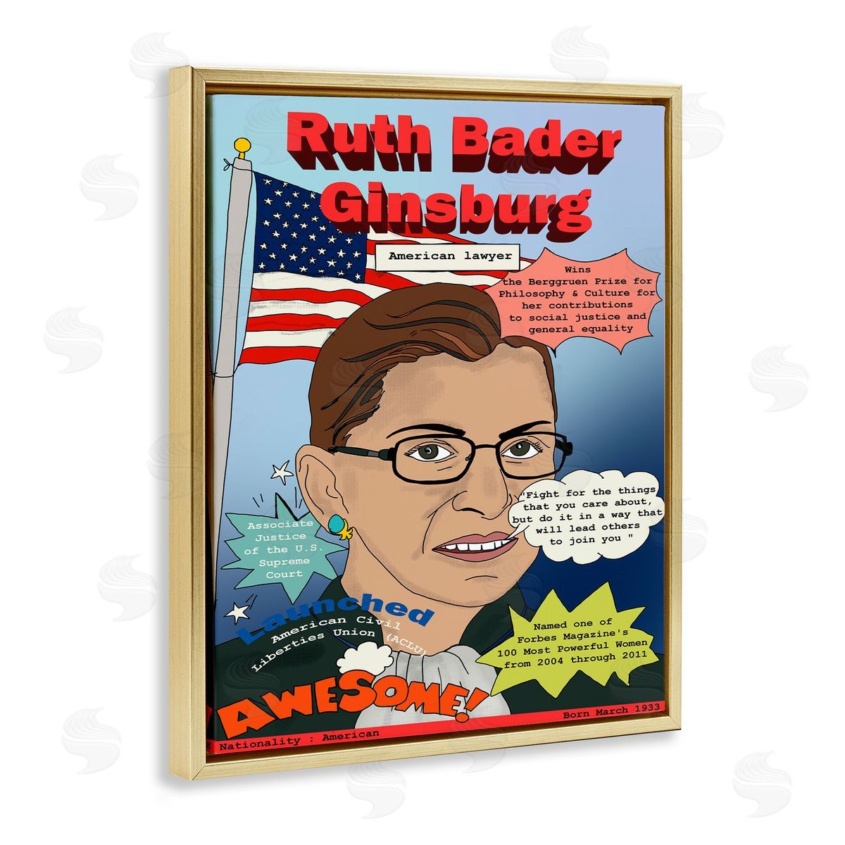 Bader Ginsburg Magazine Illustration Gold Floating Frame Canvas Wall Art, Home Decor by Sangita Bachelet