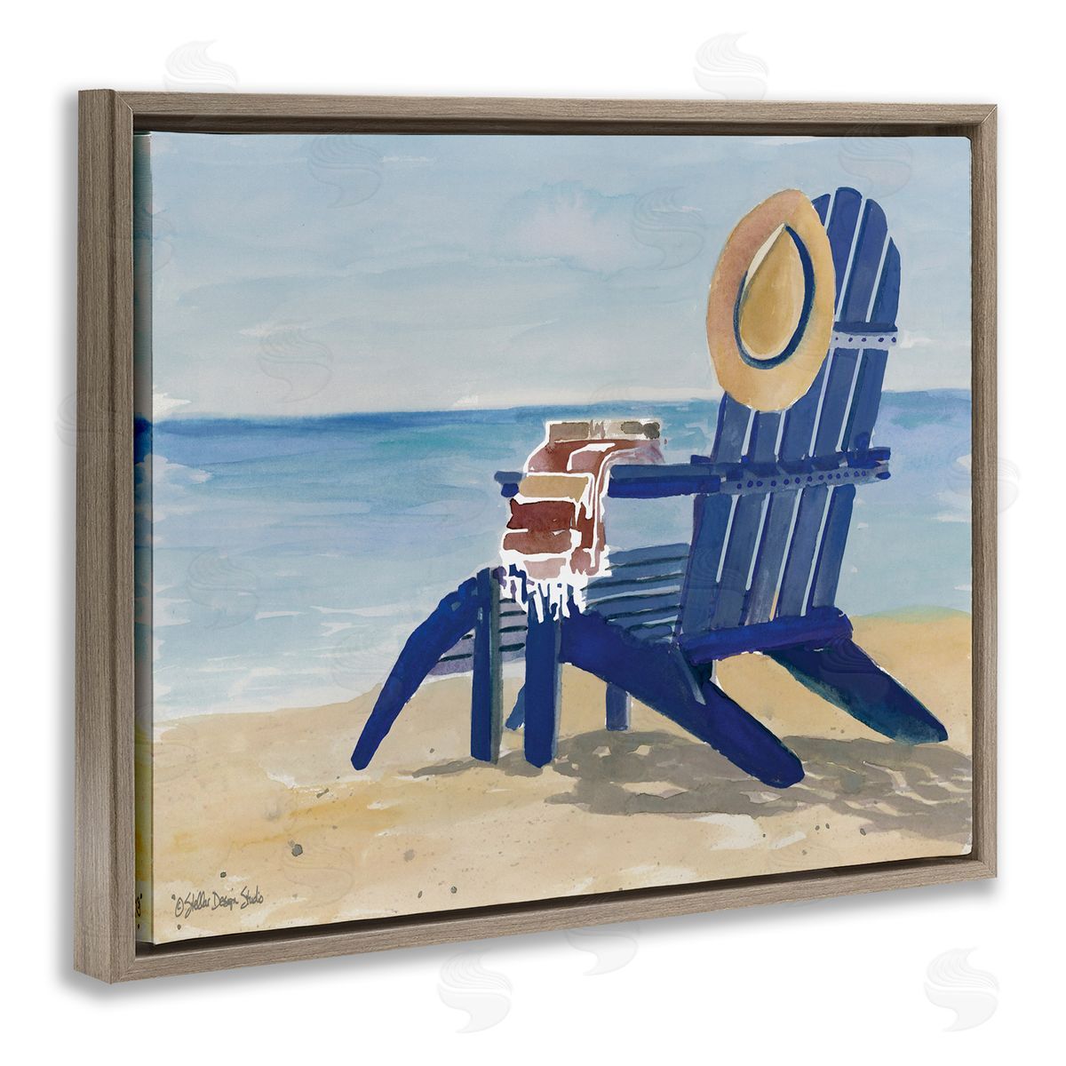 Blue Beach Chair with Hat Brown Floating Frame Canvas Wall Art, Home Decor by Stellar Studio