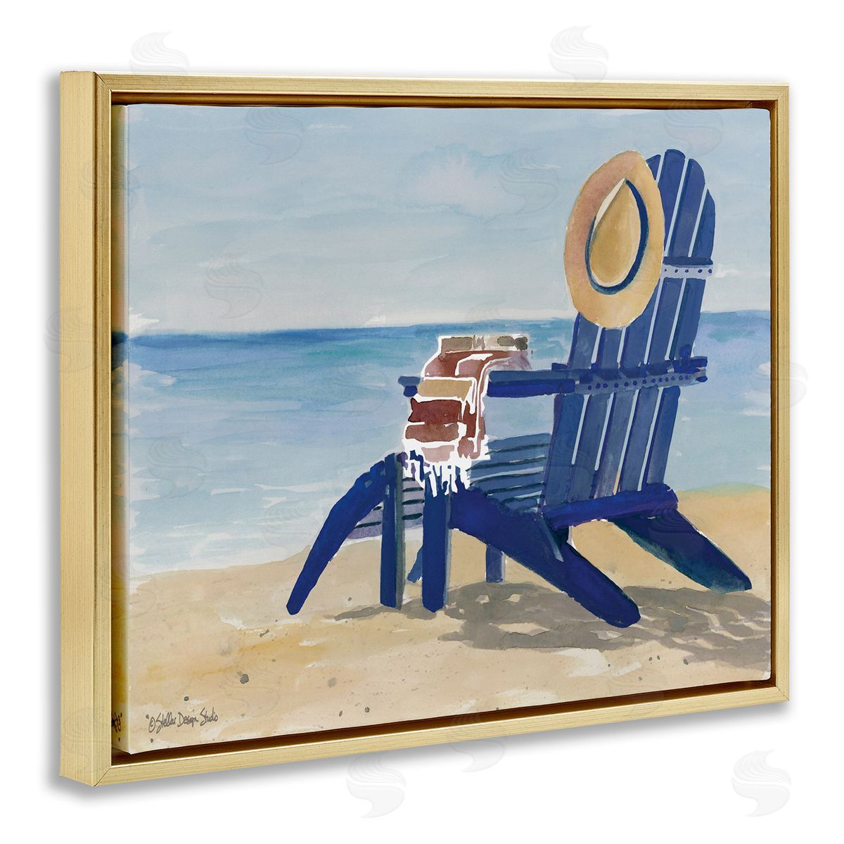Blue Beach Chair with Hat Gold Floating Frame Canvas Wall Art, Home Decor by Stellar Studio