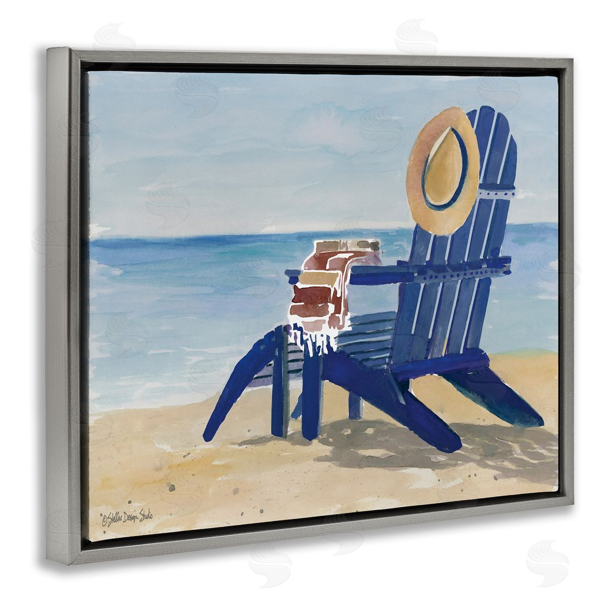 Blue Beach Chair with Hat Grey Floating Frame Canvas Wall Art, Home Decor by Stellar Studio