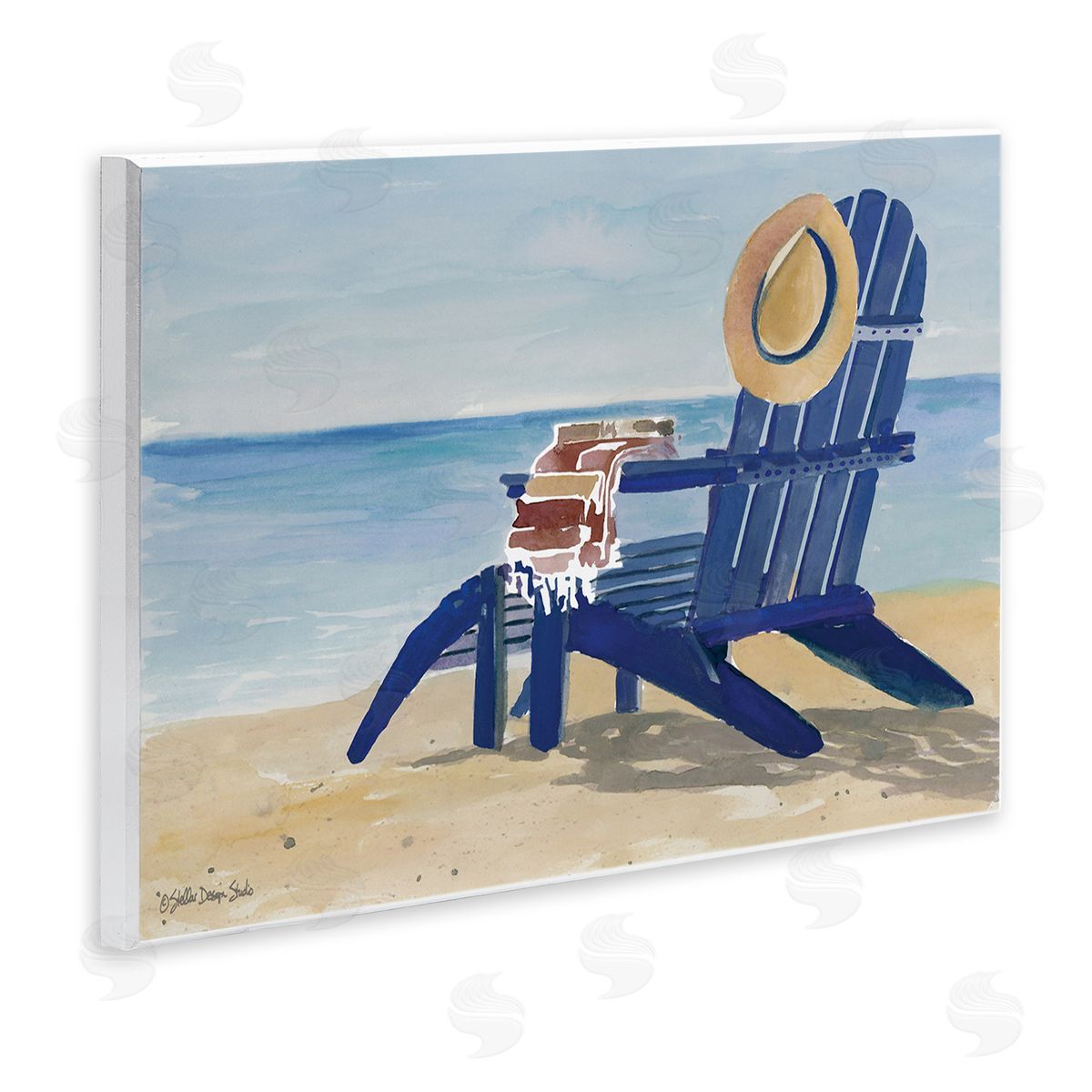 Blue Beach Chair with Hat Wood Plaque Wall Art, Home Decor by Stellar Studio