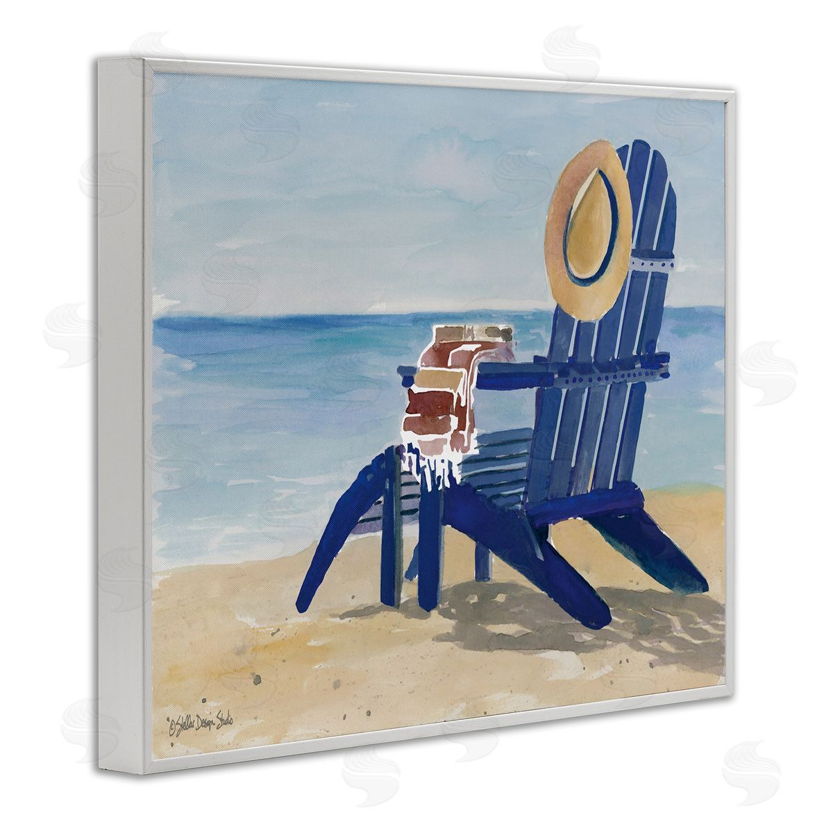 Blue Beach Chair with Hat White Frame Print Wall Art, Home Decor by Stellar Studio