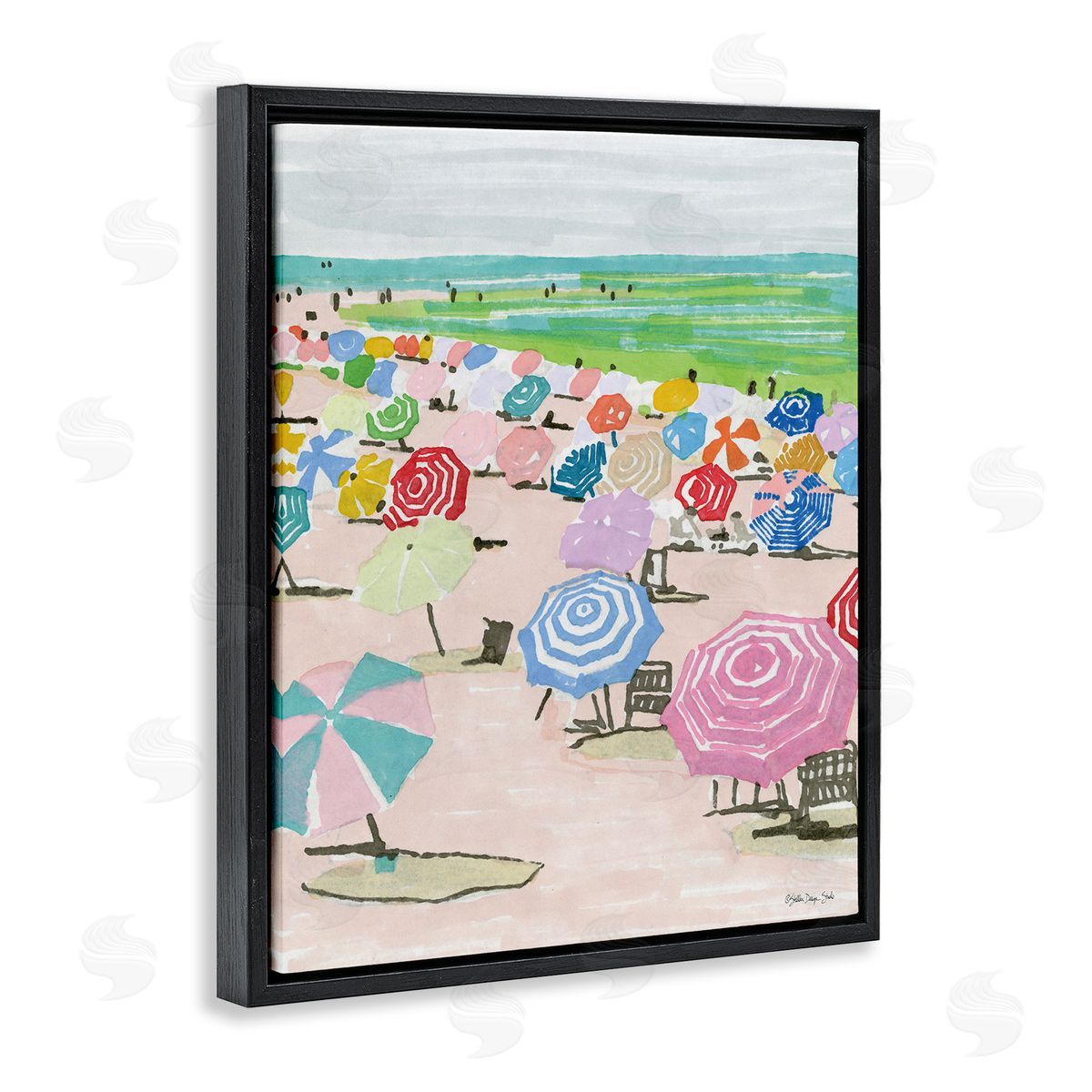 Pastel Umbrella Beach Coast Black Floating Frame Canvas Wall Art, Home Decor by Stellar Studio