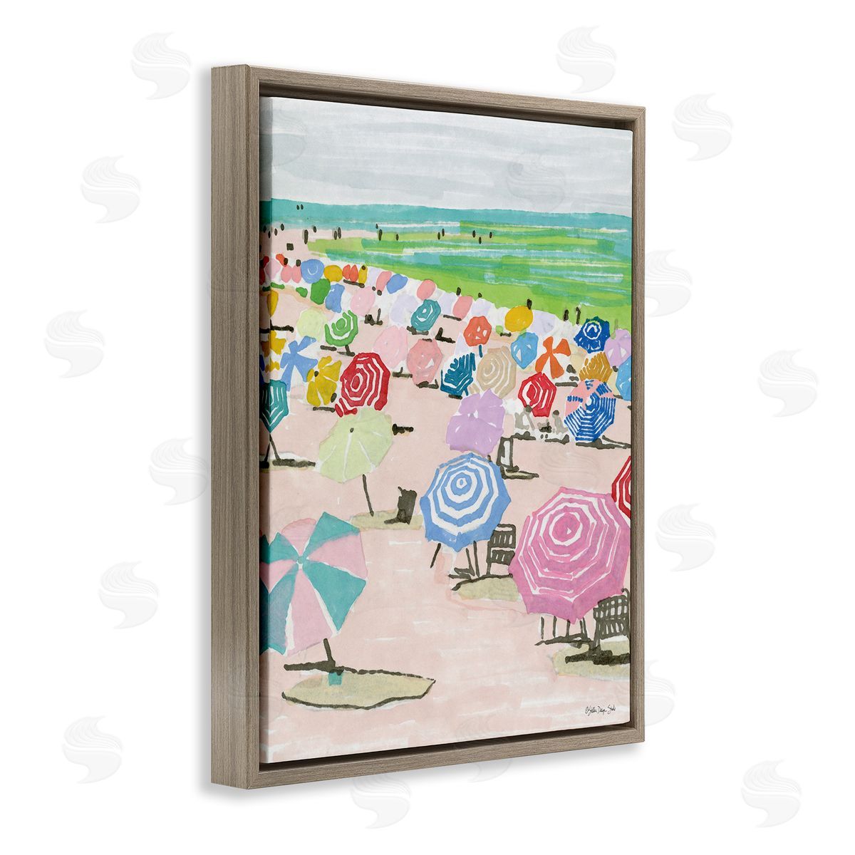 Pastel Umbrella Beach Coast Brown Floating Frame Canvas Wall Art, Home Decor by Stellar Studio