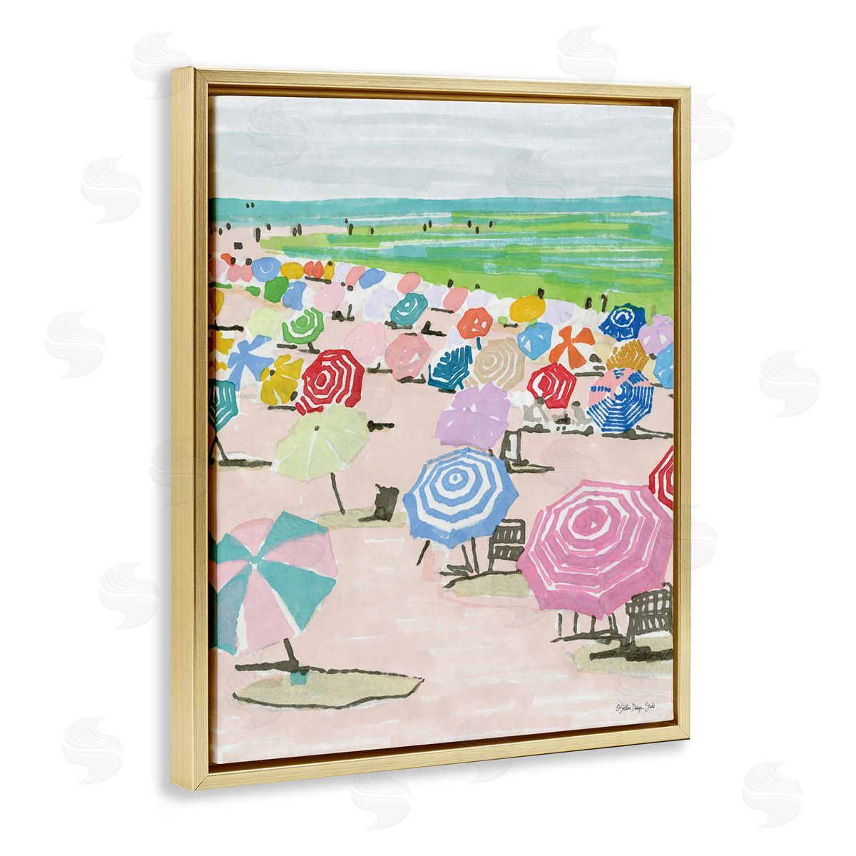 Pastel Umbrella Beach Coast Gold Floating Frame Canvas Wall Art, Home Decor by Stellar Studio