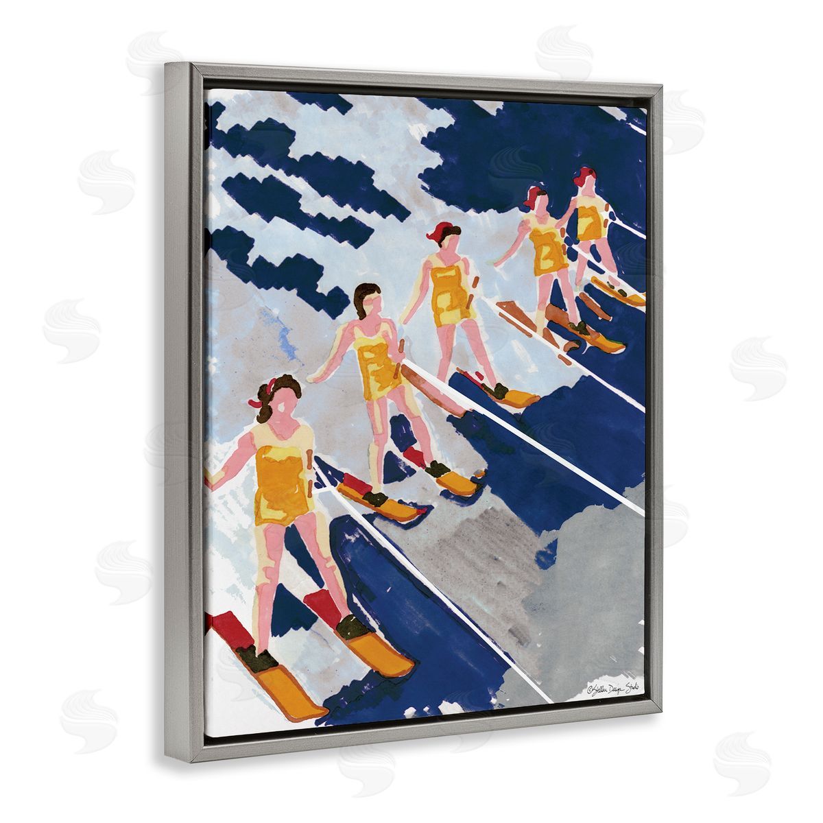 Retro Water Ski Show Line Grey Floating Frame Canvas Wall Art, Home Decor by Stellar Studio