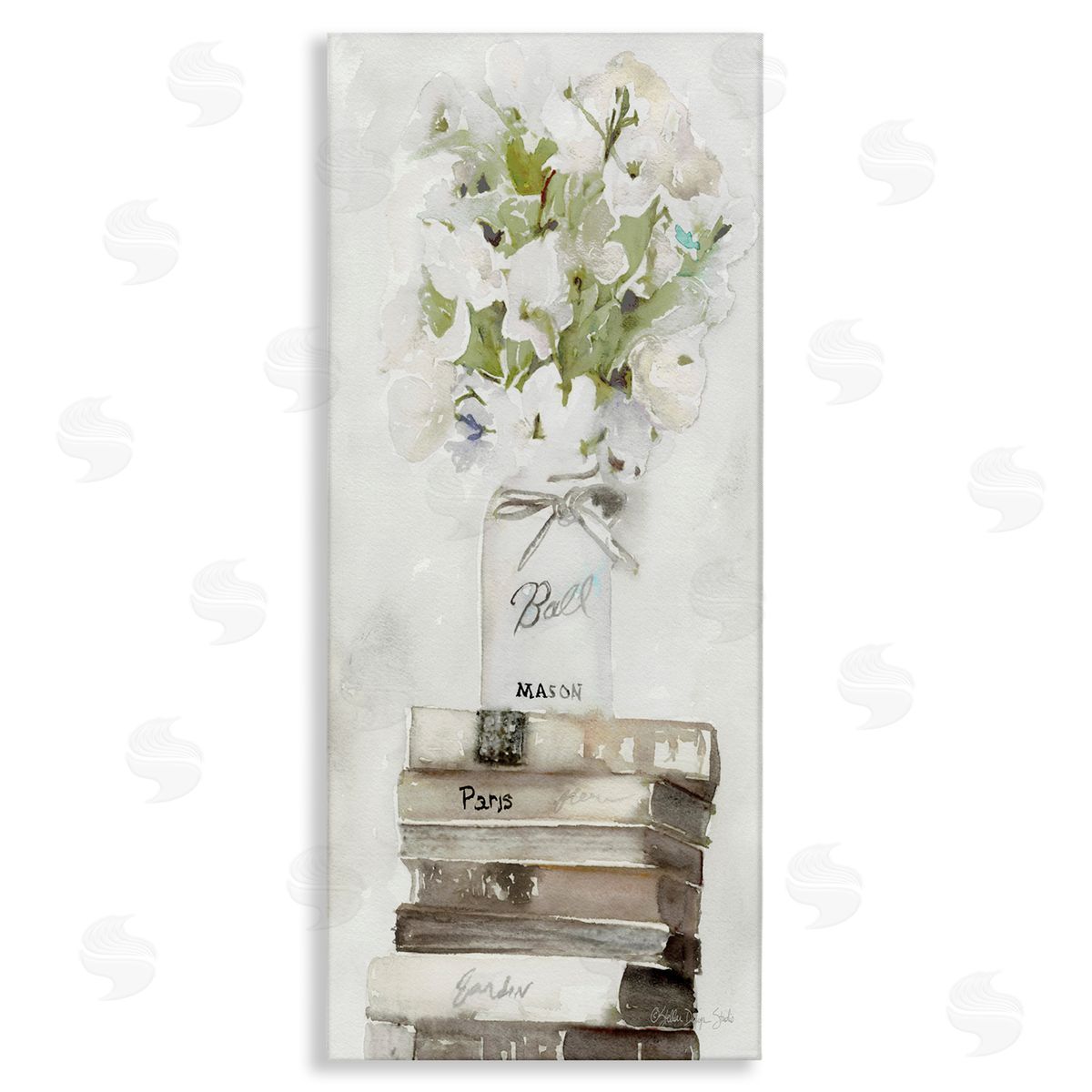 White Florals on Distressed Books Canvas Wall Art, Home Decor by Stellar Studio