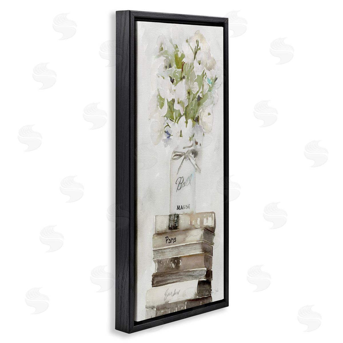 White Florals on Distressed Books Black Floating Frame Canvas Wall Art, Home Decor by Stellar Studio
