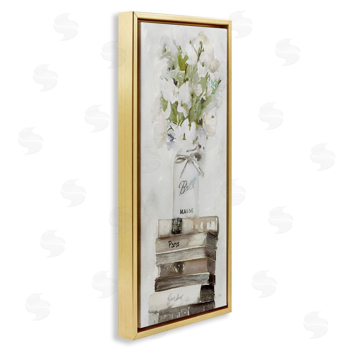 White Florals on Distressed Books Gold Floating Frame Canvas Wall Art, Home Decor by Stellar Studio
