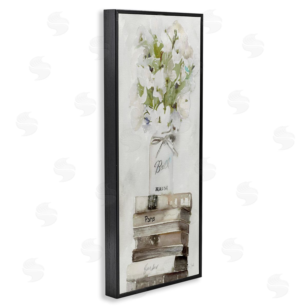 White Florals on Distressed Books Black Frame Print Wall Art, Home Decor by Stellar Studio