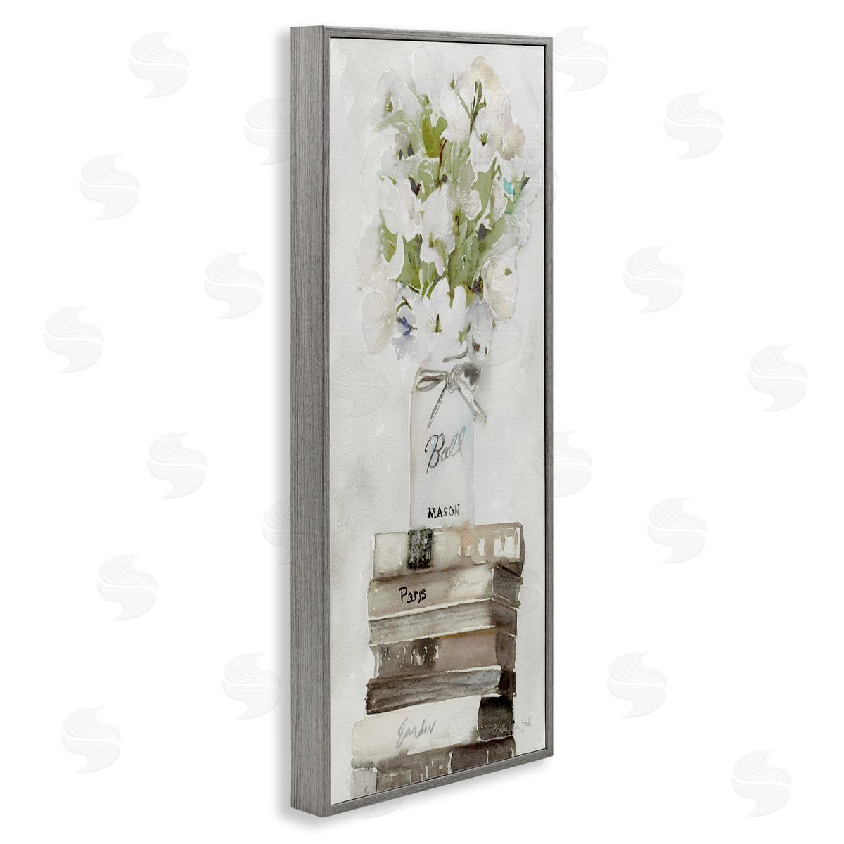 White Florals on Distressed Books Grey Frame Print Wall Art, Home Decor by Stellar Studio