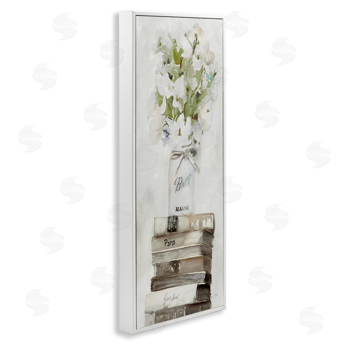 White Florals on Distressed Books White Frame Print Wall Art, Home Decor by Stellar Studio
