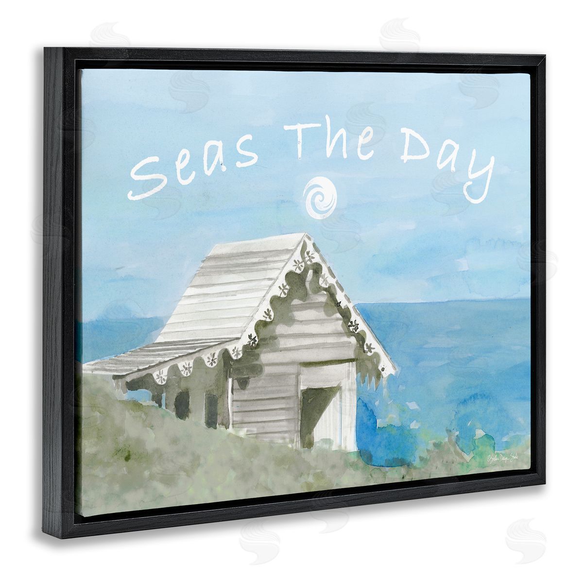 Seas the Day Beach Cottage Black Floating Frame Canvas Wall Art, Home Decor by Stellar Studio